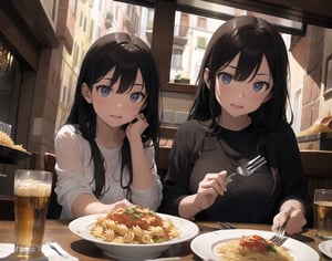 Masterpiece, Top quality, High definition, Artistic composition, 2 girls, Italian restaurant, from below, pasta, fork in hand, talking while eating, angry, laughing, friends, Italian fashion, wide shot, dark interior, striking light, dramatic