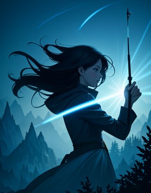  Masterpiece, Top Quality, High Definition, Artistic Composition, 1 woman, young wizard, from side, reaching out to use magic, holding long magic wand, wind dancing, fantasy, vast forest, blue sky, light dancing around wand, impressive light, stylish, wide shot, from above, monster in,<lora:659111690174031528:1.0>