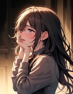 (Masterpiece, Top Quality), High Definition, Artistic Composition, 1 Woman, crying, hand covering face, tears, screaming, dark hair, long hair, hair disheveled, dramatic, somber attire, dark background, face down, from side