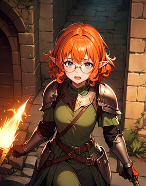 Masterpiece, Top Quality, High Definition, Artistic Composition,1 girl, warrior, scared, orange curly hair, big round rimmed glasses, elf, freckles, fantasy, dark dungeon, holding torch, khaki light armor, Dutch angle, stooped, childish, crying face