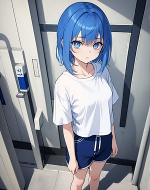 (masterpiece, top quality), high definition, artistic composition, 1 girl, white t-shirt, blue hair, medium hair, troubled, poised, from above, station, turnstiles, 12 years old, shorts, portrait