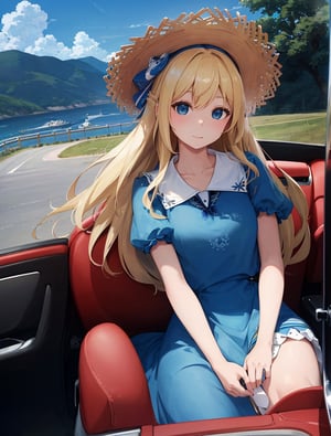 Masterpiece, top quality,khange, 1 girl, smiling, blonde hair, bright blue dress, straw hat, convertible top car, sitting in passenger seat, hand holding hat, hair blowing in wind, high definition, wide shot, portrait,breakdomain,masterpiece