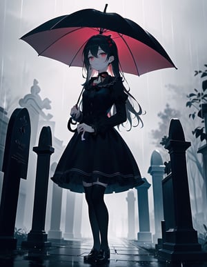 Masterpiece, Top Quality, High Definition, Artistic Composition,1 girl, umbrella, standing, gothic lolita, dark face, raining, smoking in the rain, dark graveyard, striking, from front, wide shot, eerie atmosphere, red choker, dark sky