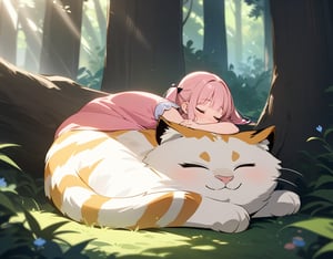 (masterpiece, top quality), high definition, artistic composition, 1 girl, ugly huge tiger cat sleeping, girl sleeping on that cat, little girl, pink dress, twin tails, in the forest, beautiful sunlight, fantasy, animation