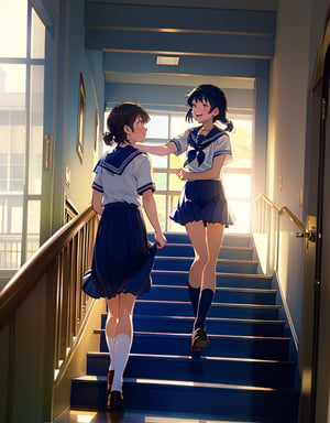Masterpiece, Top Quality, High Definition, Artistic Composition, 2 Girls, High School Students, Sailor Uniform, School Uniform, Summer Uniform, Japanese School, In School Building, Conversing on Stairs, Smiling, Excited, Looking at Each Other, Composition from Below, Portrait, Feminine Gesture, Not in Line, Sitting, Standing, Low Saturation, Impressive Light