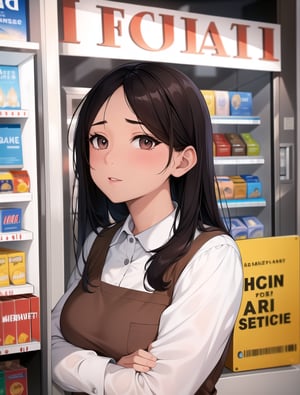 Masterpiece, Top Quality, High Definition, Artistic Composition,1 Woman, working part-time at a convenience store, Lawson, Nepalese woman, big eyes, kind, serving customers, portrait, brown skin