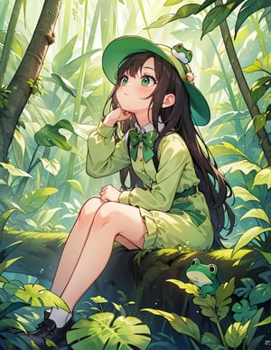 (masterpiece, top quality), high definition, artistic composition, 1 girl, in rainforest forest, wearing green stuffed frog, sitting with legs spread, looking up to heaven, comical, cute, from front