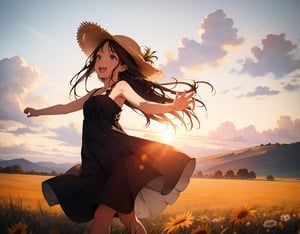 (masterpiece, top quality), high definition, artistic composition, 1 girl, dark hair, sundress, straw hat, running with open arms, open mouth laughing, braids, side view, meadow, dramatic, striking light, bold composition