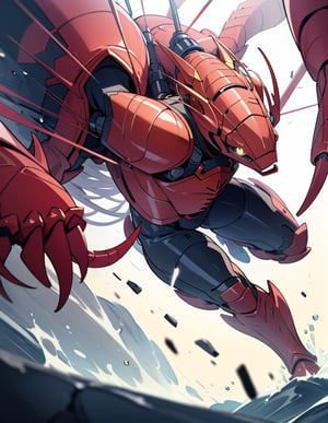 Masterpiece, top quality, high definition, artistic composition, 1 female, underwater, bodysuit, crayfish type armor, bold composition, Dutch angle, battle pose, action scene, dramatic, huge claws