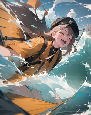 (masterpiece, top quality), high definition, artistic composition, 1 woman, fishing on a boat, action pose, smiling, life jacket, fisherman's cap, powerful, splashing waves, rough water, open mouth smile, Dutch angle, dramatic