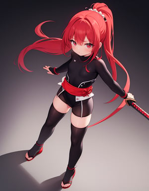 (masterpiece, top quality), high definition, artistic composition, 1 woman, leotard-style ninja costume, stylish standing pose, simple dark background, long extended shadow, red hair band and sash, small sword, stockings