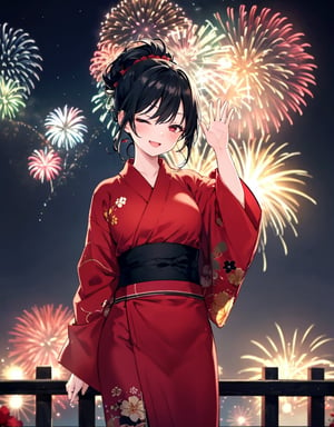 (masterpiece, top quality), high definition, artistic composition, 1 woman, black with red flowers yukata, hair tied up, black hair, right arm up waving, eyes closed, mouth open laughing, crowd behind, beautiful big fireworks in background, night, summer, dramatic, from front, cowboy Shot, standing tall.