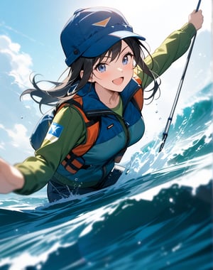 (masterpiece, top quality), high definition, artistic composition, 1 woman, fishing on boat, action pose, smiling, life jacket, fisherman's cap, powerful, splashing waves, rough water, open mouth smile, Dutch angle