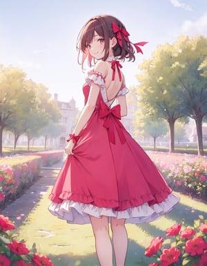 (Masterpiece, Top Quality), High Definition, Artistic Composition, 1 girl, 15 years old, pink dress, back showing, smiling, from behind, hands behind back, walking tall, garden, young lady, red ribbon, turning around