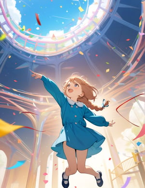 (masterpiece, top quality), high definition, artistic composition, 1 girl, jumping for joy, 5 years old, children's clothing, braids, big ribbon, looking away, looking up to heaven, action pose, ticker tape, brightly colored confetti, theme park, bold composition