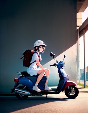 (masterpiece, top quality), high definition, artistic composition, 1 girl, riding scooter, sports helmet, abandoned town, sailor suit, backpack, smiling, bold composition, dramatic, striking light, leaning forward, end of century