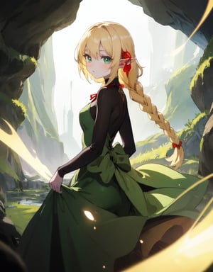 (masterpiece, top quality), high definition, artistic composition, 1 female, elf, blonde hair, braids, red ribbon, big eyes, skin tight dark green dress, slender, looking back, mysterious cave glowing pale, fantasy