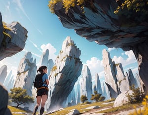 Masterpiece, top quality, high definition, artistic composition, 1 girl, trekking, climbing clothes, big backpack, looking up, stone forest, boulders, terrain, wide shot, nature, from below, bold composition, realistic,breakdomain
