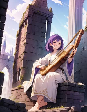 Masterpiece, Top Quality, High Definition, Artistic Composition,1 girl, wizard, beige robe, (playing Celtic harp with eyes closed), ruins, brick building, sitting on broken building, fantasy, smiling, striking, dramatic, dragon flying in sky, bold composition, purple hair