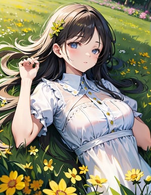 Masterpiece, Top quality, High definition, Artistic composition, 1 girl, lying in clover field, from above, eyes closed, smiling, hands behind head, Dutch angle, upper body, clover flowers, warm, pleasant, resting