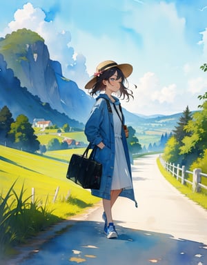 (masterpiece, top quality), high definition, artistic composition, 1 girl, (watercolor), French countryside, road leading to hill, country road, walking, travel bag, casual fashion, sneakers, artistic, blue sky, Daily life, hat, traveler