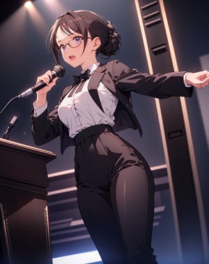 (masterpiece, top quality), high definition, artistic composition, 1 woman, dark hair, hair tied back, glasses, shouting, speaking on podium, microphone and microphone stand, illuminated light, striking light, dramatic, white shirt, black tie, black pants, from below, bold composition, powerful, lectern