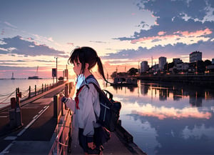 masterpiece, best quality, 1 girl, 13 years old, girl, sailor suit, school uniform, walking, pushing bicycle, causeway, dusk, sunset, dim sky, school road, high definition, Japan, artistic composition, backlight, silhouette, composition from the side, composition from below, striking,best quality