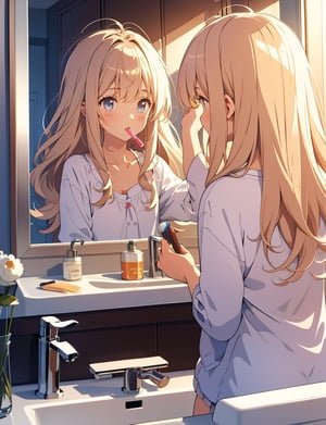 (masterpiece, top quality), high definition, artistic composition, 1 girl, pajamas, brushing teeth at sink, fringe bothering her, looking at herself in mirror, shaggy hair, wavy hair, morning, portrait