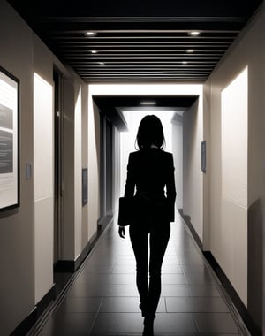 (masterpiece, top quality), high definition, artistic composition, 1 woman, business suit, back view, walking, clean underground passage, white tile, perspective, silence, guide light, information board, advertising sign, eerie