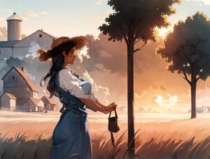 masterpiece, top quality, high definition, artistic composition, one girl, work clothes, denim apron, straw hat, driving red tractor, farmstead, morning, morning mist, backlight, dramatic, striking light, sleepy, southern belle, tower silo, pasture