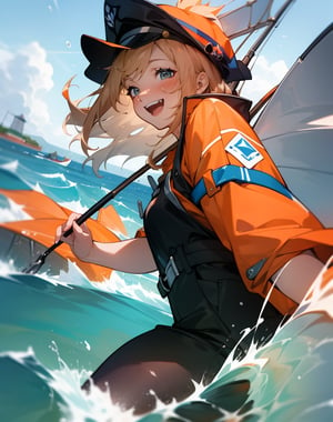 (masterpiece, top quality), high definition, artistic composition, 1 woman, fishing on a boat, smiling, life jacket, fisherman's cap, powerful, splashing waves, open mouth smile, Dutch angle, dramatic