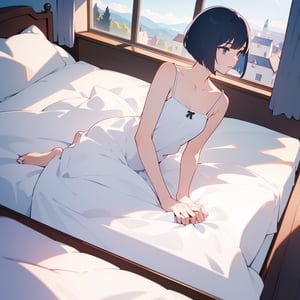 (masterpiece, top quality), high definition, artistic composition, 1 girl, camisole, composition from above, wariza on bed by window, looking away, bob cut, beautiful landscape