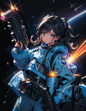 Masterpiece, Top Quality, High Definition, Artistic Composition, One girl, blue space suit, retro ray gun with both hands, aiming, shooting, action pose, space invaders, space base, outer space, bold composition, science fiction