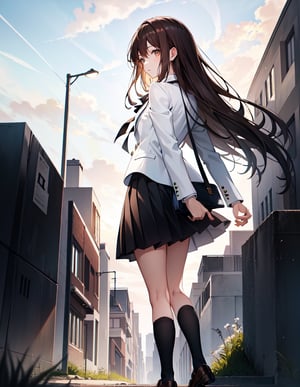 Masterpiece, Top Quality, High Definition, Artistic Composition,1 girl, brown hair, from below, standing on a hill, backlit, striking light, white blazer, school uniform, on her way to school, looking at me, black hair, long hair - standing tall, young lady, black ribbon, portrait, bold composition, Full body, Loafers