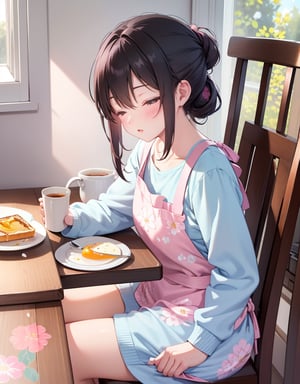 Masterpiece, Top Quality, High Definition, Artistic Composition, One mother, dark hair, hair tied back, pink floral apron, light blue loungewear, sitting in chair, sleeping with eyes closed, tired, breakfast ready on table, kitchen, sunlight, morning, from side, portrait, animation