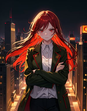 Masterpiece, top quality, high definition, artistic composition, 1 girl, angry, arms crossed, from above, from front, close-up of face, red rouge, golden earrings, (dark green jacket), white shirt, night city, city lights, bold composition, powerful