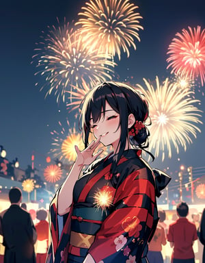 (masterpiece, top quality), high definition, artistic composition, 1 woman, black with red flowers yukata, hair tied up, black hair, right arm up waving, eyes closed, mouth open laughing, crowd behind, beautiful big fireworks in background, night, summer, dramatic, from front, cowboy Shot, standing tall.