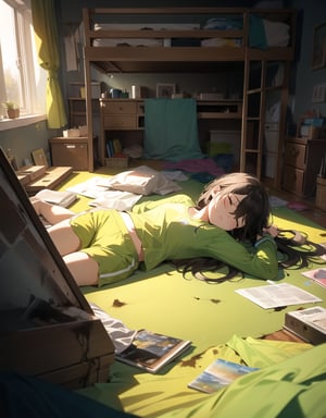 Masterpiece, Top quality, High definition, Artistic composition,1 girl, lying on the floor, on top, green jersey, hair disheveled, sleepy, dirty room, dirty room, messy room, lived in, dark room,breakdomain