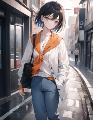 (Masterpiece, Top Quality), High Definition, Artistic Composition, 1 Woman, White Shirt, Blue Wide Pants, Orange Cardigan, Black and White Street Scene, Casual Fashion, Portrait