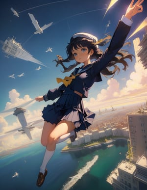 (masterpiece, top quality), high definition, artistic composition, 1 girl, sailor uniform, school uniform, flying, floating in air, city, from above, body twisting, flying pose, perspective, building city, surreal, fantasy