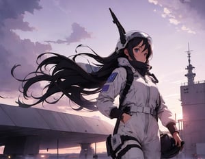 masterpiece, top quality, 1 girl, white pilot suit, helmet in hand, walking, otherworldly airbase, runway, algorithm design fighter, high definition, artistic composition, wide shot, purple sky color, science fiction, fantastic,breakdomain