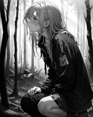 (masterpiece, top quality), high definition, artistic composition, 1 girl, dirty face, sad, tired, looking away, looking up to heaven, hand on shoulder, down on one knee, dirty, shabby clothes, shabby hair, deep in forest, light shining, striking light, spotlight on face, dramatic, high contrast, divine, beautiful nature