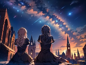 (masterpiece, top quality), high definition, artistic composition, two girls, fantasy, brick structure, two girls sitting, from behind, from below, night, starry sky, wide night sky, shooting star, looking up to the sky, pointing to the sky, fun, bold composition, dramatic, wide shot