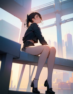 (masterpiece, top quality), high definition, artistic composition, one girl, thinking, sitting with legs together, casual fashion, urban, wide shot, looking up to heaven, blurred, looking away, portrait, great view