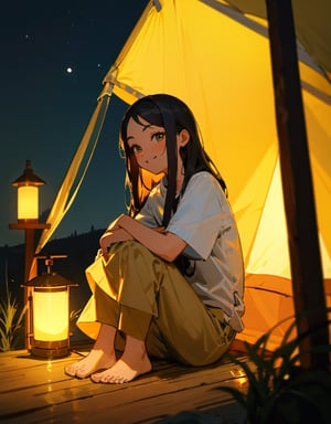 (masterpiece, top quality), high definition, artistic composition, 1 woman, long hair, camping, white shirt, khaki pants, in tent, sitting indian style, lantern light, from front, smiling, night