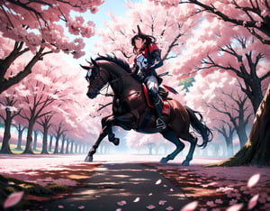 Masterpiece, top quality, machine, outdoors, forest of cherry trees underfoot, cherry blossoms in full bloom, dark colored mobile suit, dynamic pose, 18 meters, explosion in background, artistic oil painting sticks, battle, petals dancing
