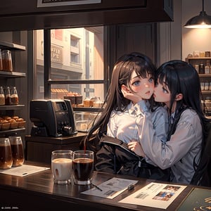 Masterpiece, Top quality, High definition, Artistic composition, Two girls, Friend, Kissing on the cheek, Surprised, Side view, Coffee store