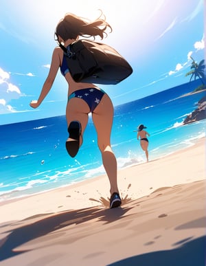 Masterpiece, Top Quality, High Definition, Artistic Composition,3 girl, cute swimsuit, running on beach towards ocean, ocean, sandy beach, from behind, from below, backlit, blue sky, frolicking, bold composition, dirt bouncing underfoot, wide shot