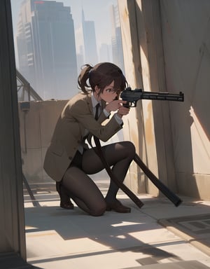 (masterpiece, top quality), high definition, artistic composition, 1 woman, business suit, brown pantyhose, surprised, crouching, building shadow, hold a pistol and take aim, looking away, hiding, suspense, Dutch angle, lower posture