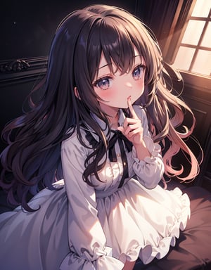Masterpiece, Top Quality, High Definition, Artistic Composition, One Girl, Bust Shot, Squinting, Chuckling, (index finger in front of mouth), Dark Room, Bedroom, Backlight, Impressive Light, Simple Dress, Long Wavy Hair, POW, Frontal Composition, Looking Up